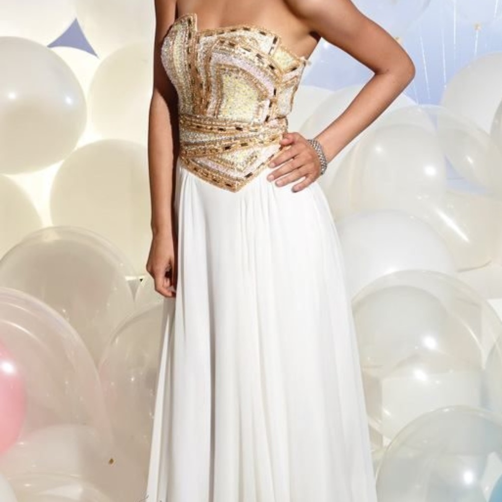 Terani Couture White Dress Beaded Gold Bodice